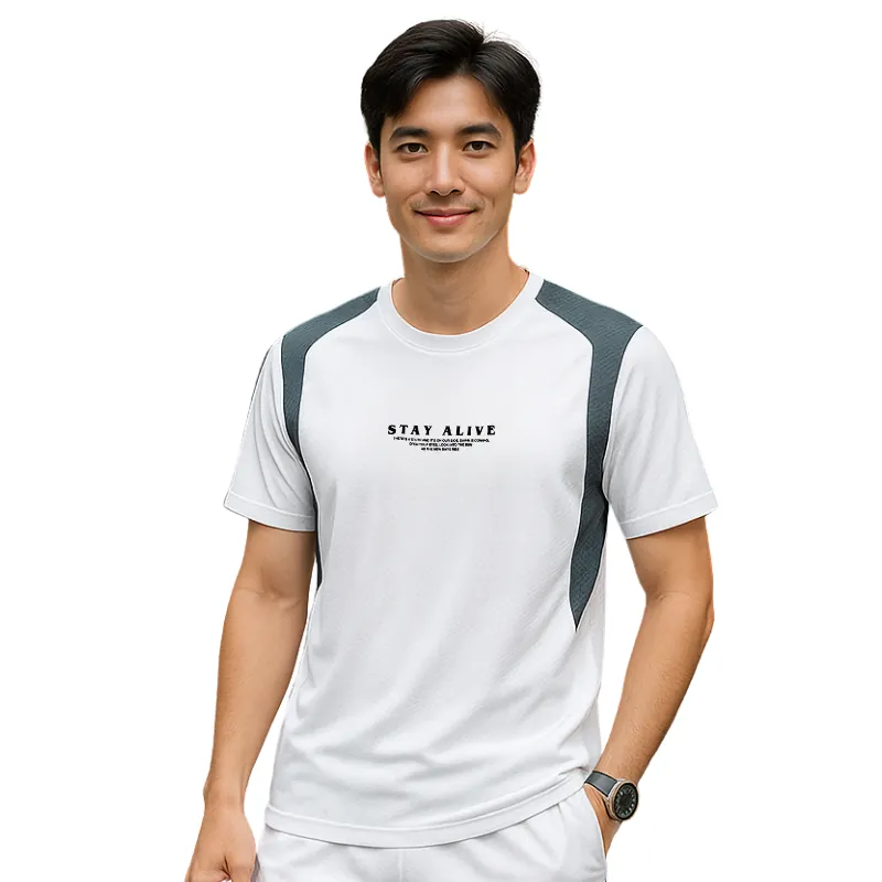Áo Thun Nam Cổ Tròn Thiết Kế Cao Cấp Stay Alive Chất Tổ Ong From Regular Fit Màu Trắng - Ảnh chi tiết 2