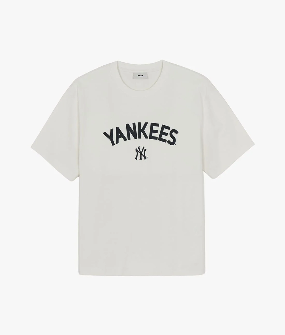 Áo Thun MLB New York Yankees Lettering Logo Point Semi-Overfit Short-Sleeved Màu Trắng - Ảnh chi tiết 1