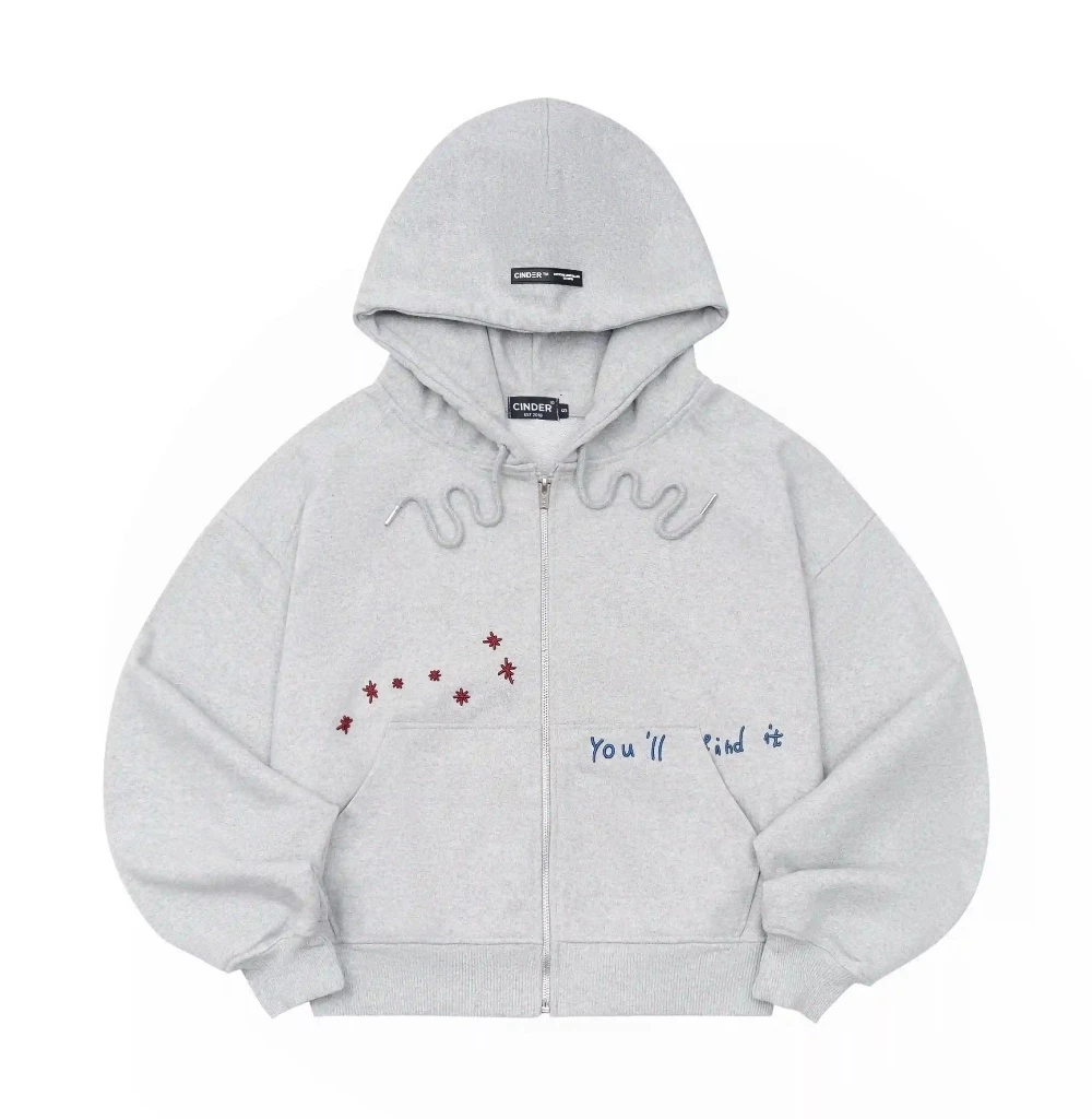 Áo Hoodie Nữ Khóa Kéo Form Boxy Màu Xám