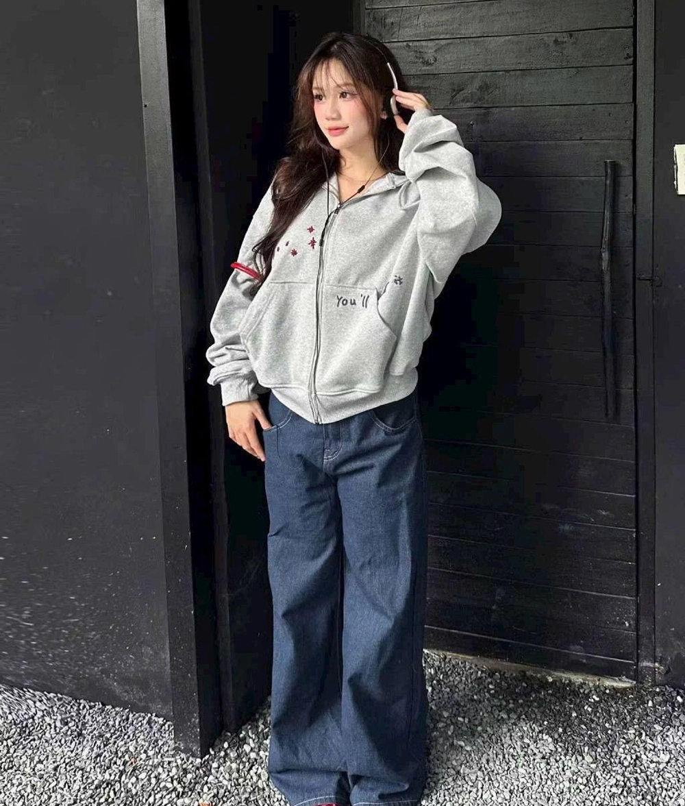 Áo Hoodie Nữ Khóa Kéo Form Boxy Màu Xám - Ảnh chi tiết 3