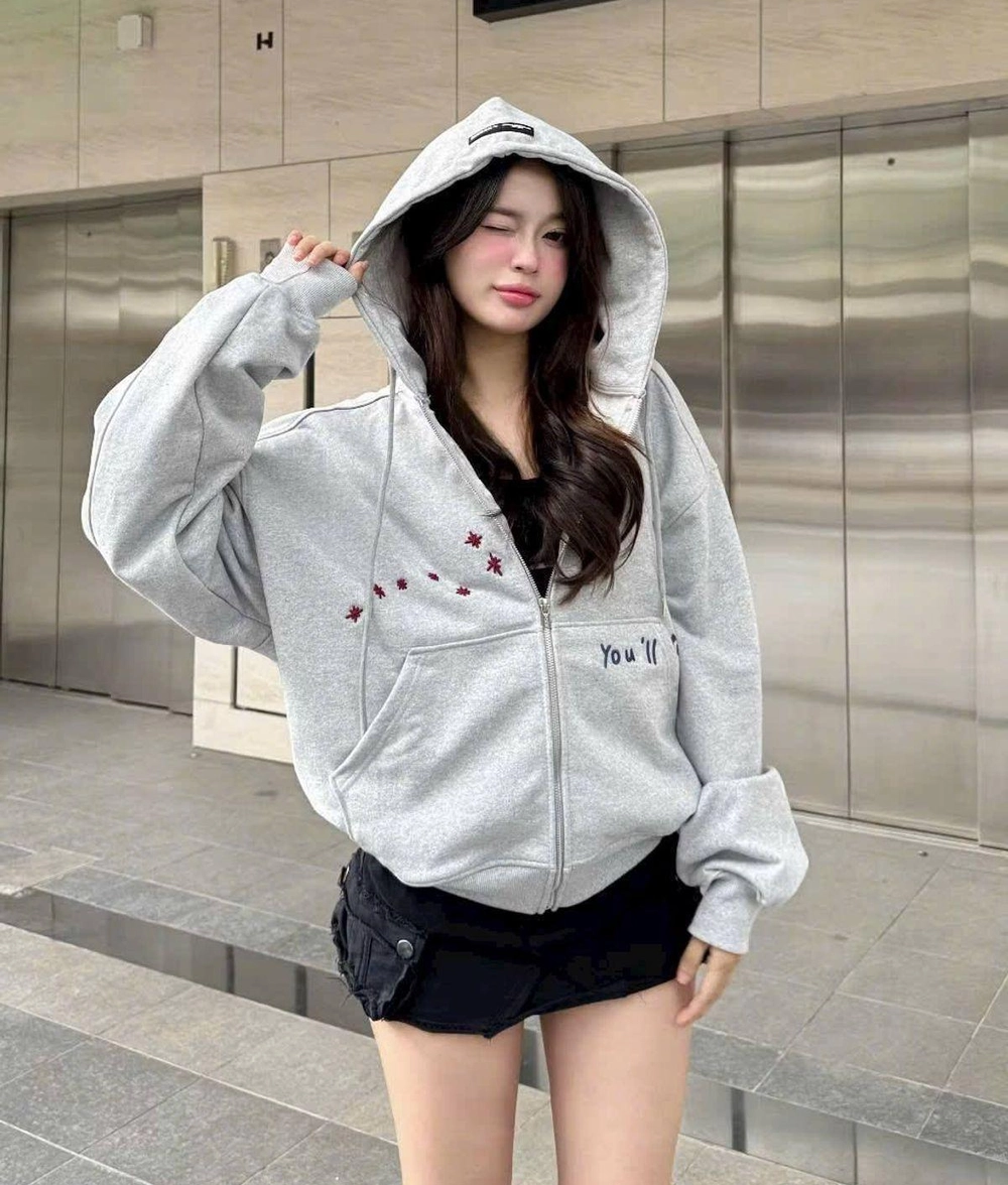 Áo Hoodie Nữ Khóa Kéo Form Boxy Màu Xám - Ảnh chi tiết 4