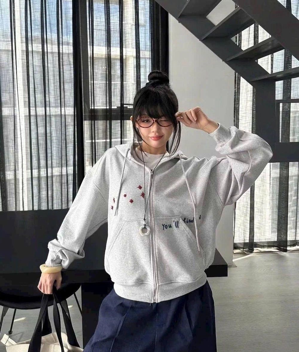 Áo Hoodie Nữ Khóa Kéo Form Boxy Màu Xám - Ảnh chi tiết 2