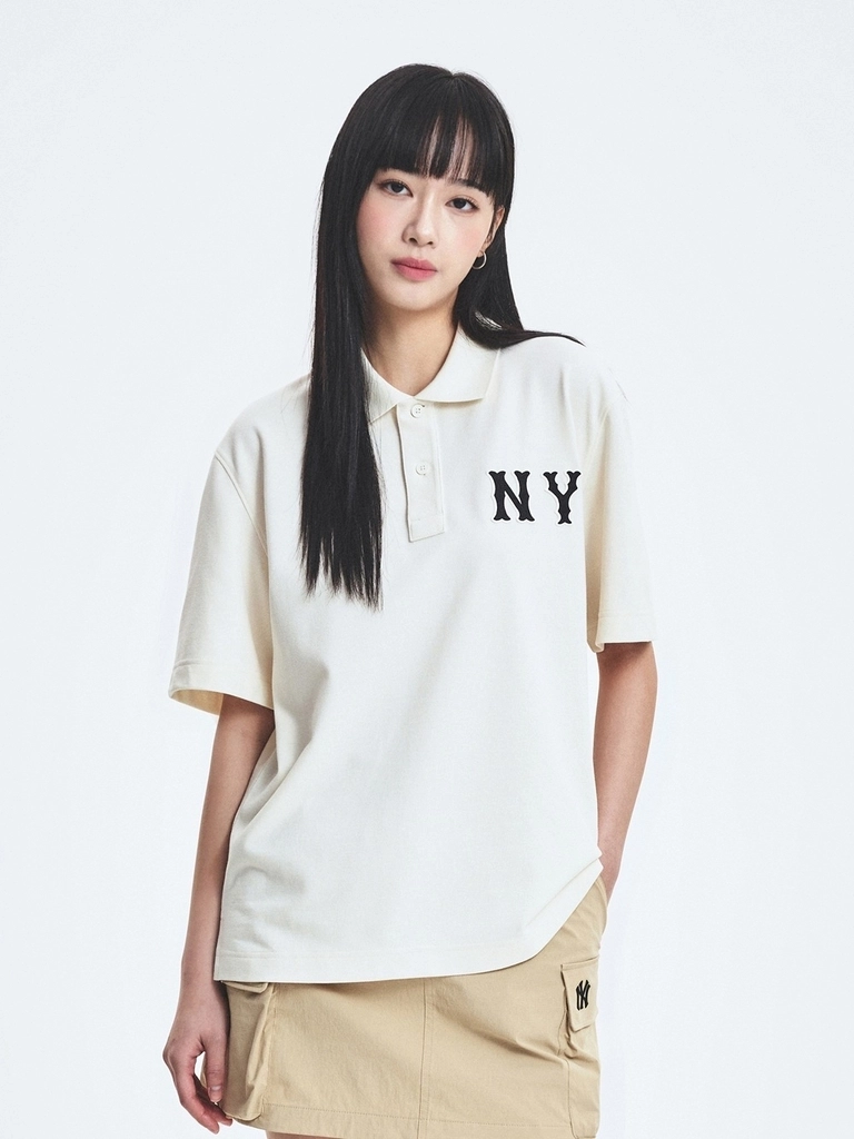 Áo Polo Unisex MLB Basic Coopers Logo Overfit NY Màu Kem - Ảnh chi tiết 1