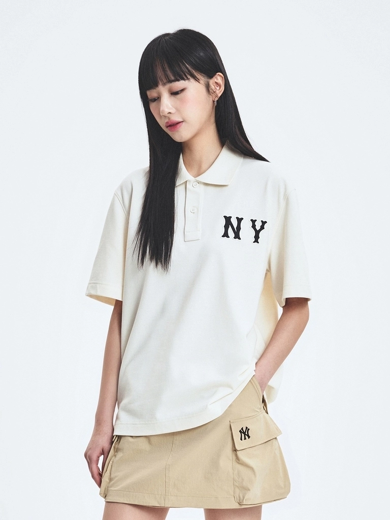 Áo Polo Unisex MLB Basic Coopers Logo Overfit NY Màu Kem - Ảnh chi tiết 3