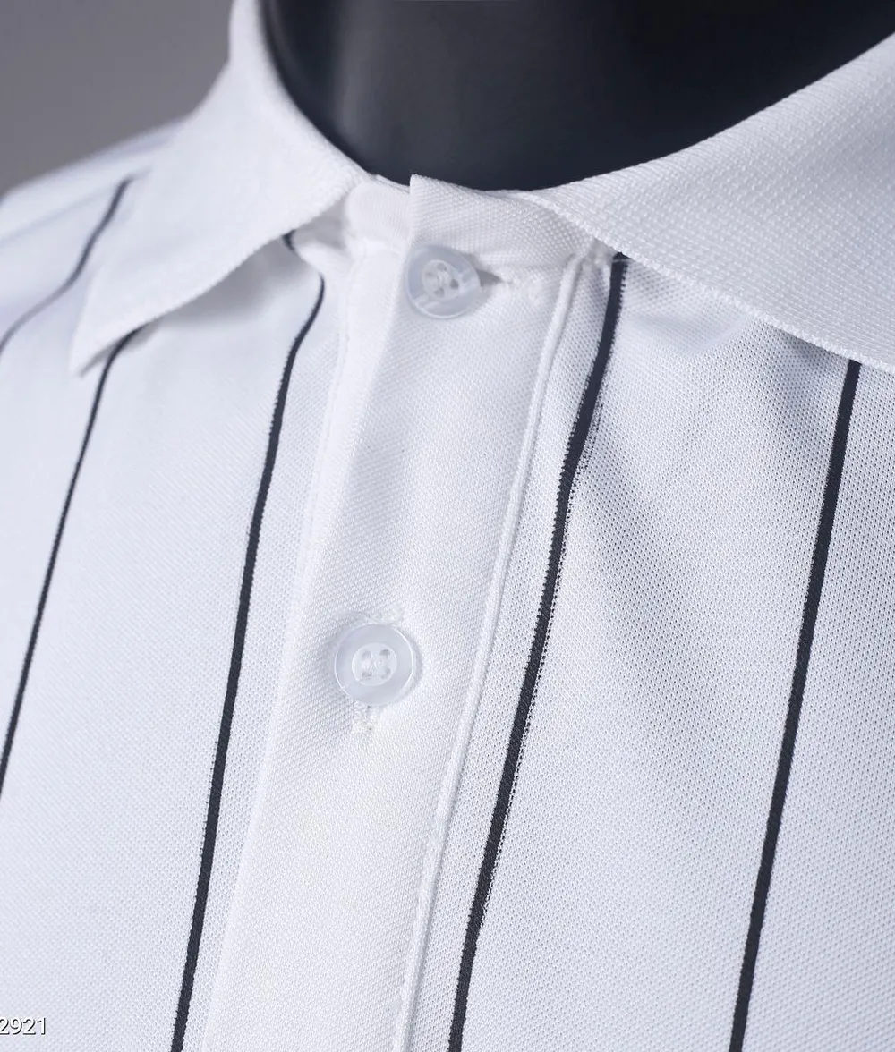 Áo Polo Nam Cổ Bẻ Ngắn Tay Vải Cá Sấu Họa Tiết Kẻ Sọc Dọc Co Giãn Style Hàn Quốc Màu Trắng Kẻ - góc khác