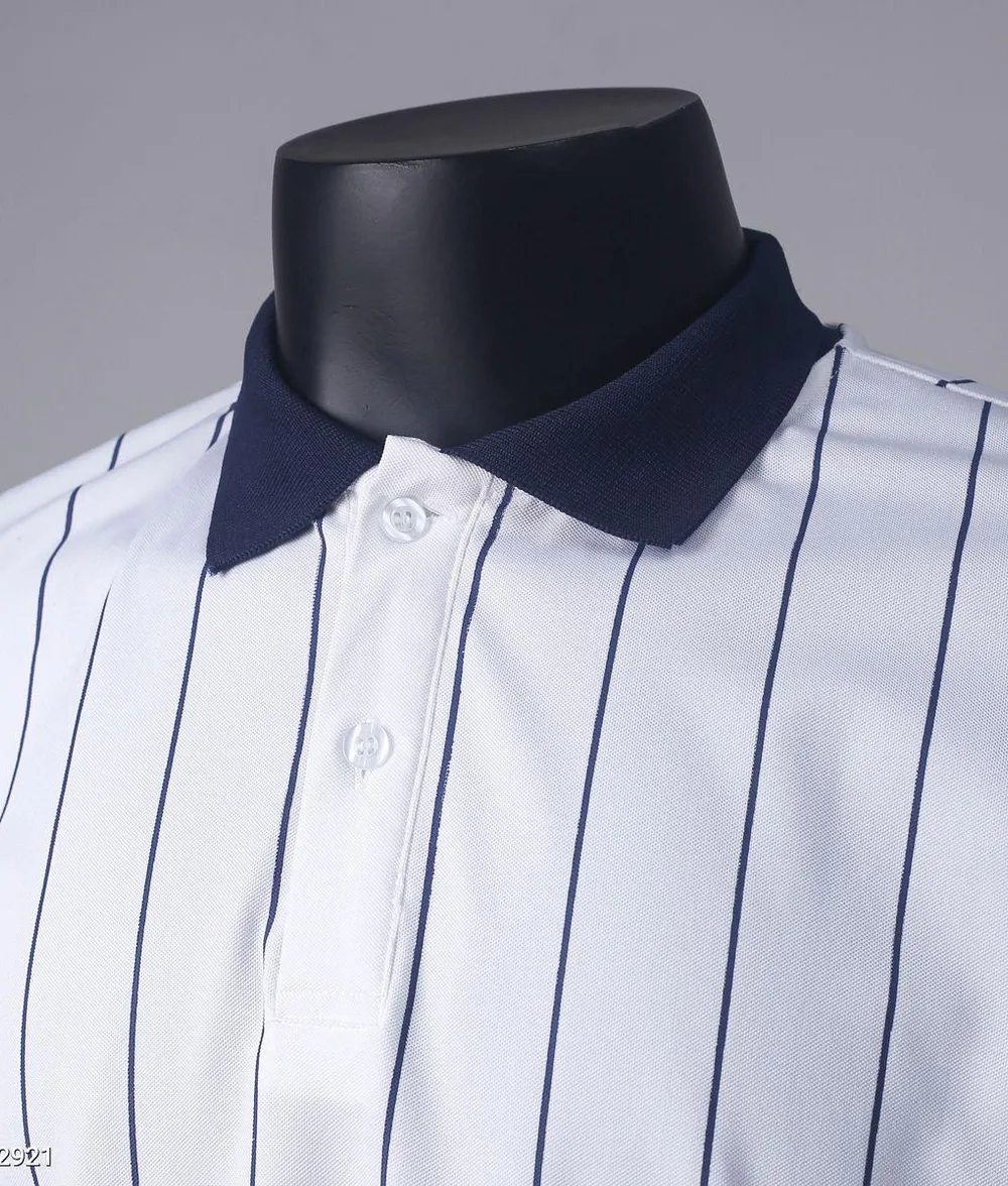 Áo Polo Nam Cổ Bẻ Ngắn Tay Vải Cá Sấu Họa Tiết Kẻ Sọc Dọc Co Giãn Style Hàn Quốc Màu Trắng Phối Cổ Xanh - Ảnh chi tiết 4