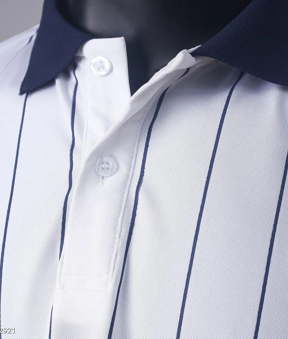 Áo Polo Nam Cổ Bẻ Ngắn Tay Vải Cá Sấu Họa Tiết Kẻ Sọc Dọc Co Giãn Style Hàn Quốc Màu Trắng Phối Cổ Xanh - Ảnh chi tiết 5