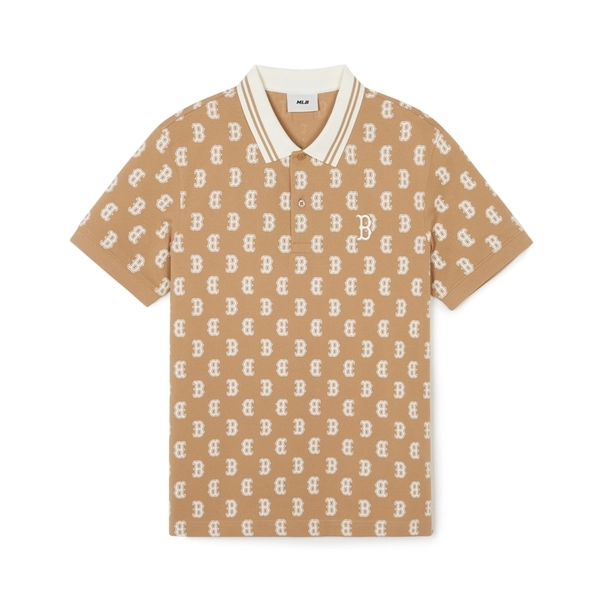 Áo Polo Unisex MLB Boston Mono Kẻ Sọc Cổ Be
