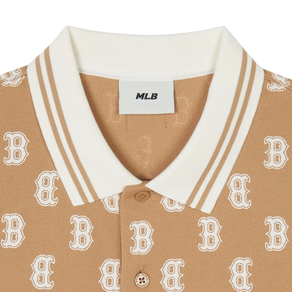 Áo Polo Unisex MLB Boston Mono Kẻ Sọc Cổ Be - Ảnh chi tiết 3